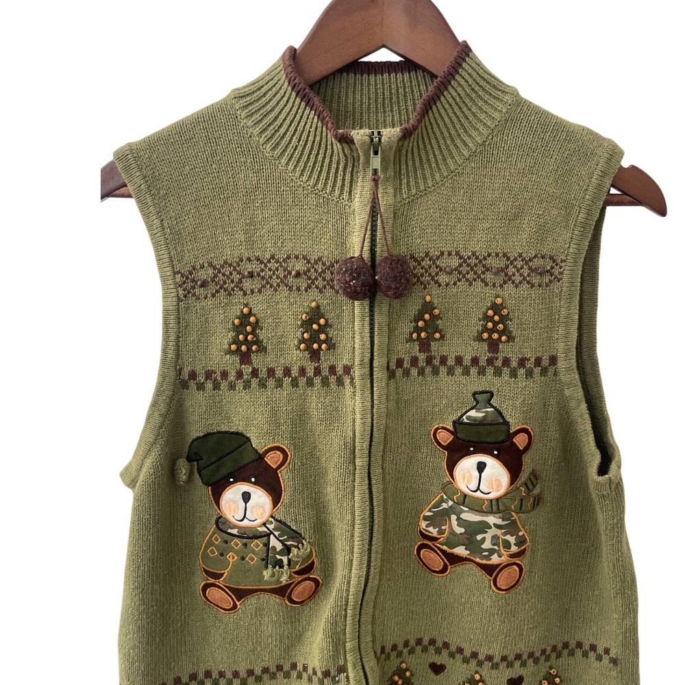 Vintage Heirloom Collectibles Christmas Vest XL Green Bear Tree  Sweater Holiday